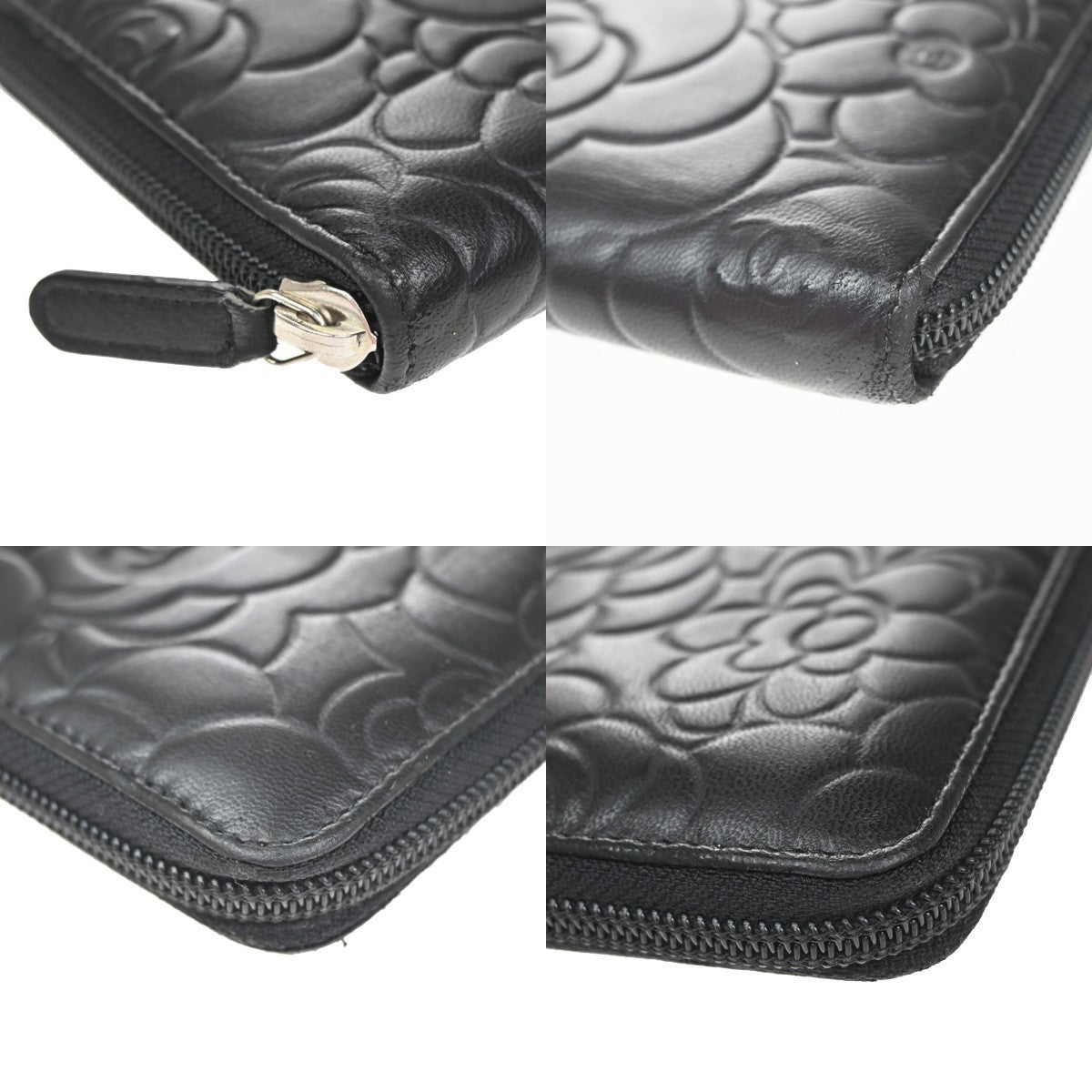 CHANEL CC Logo Camellia Long Zip Around Wallet Purse Leather Black SHW 85RQ019