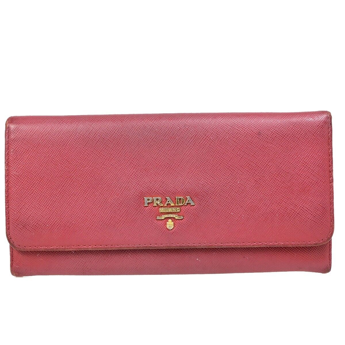 PRADA Logo Bifold Long Zipper Bifold Wallet Saffiano Leather Red Gold 03EB369