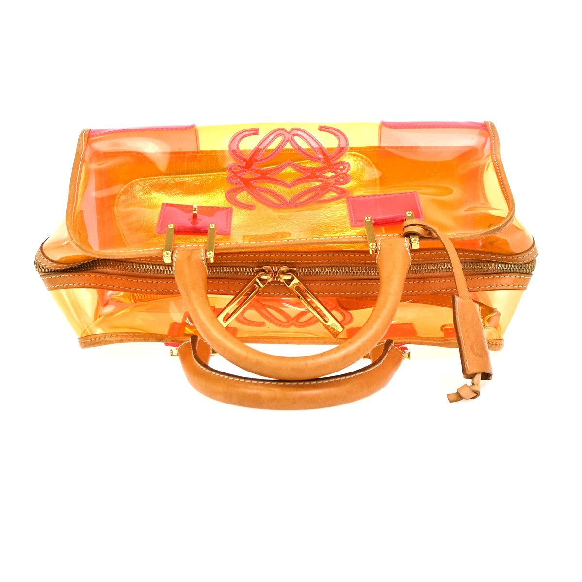 LOEWE Anagram Logo Amazona 28 Hand Bag Pouch Vinyl Leather Orange PK GHW 12RL927