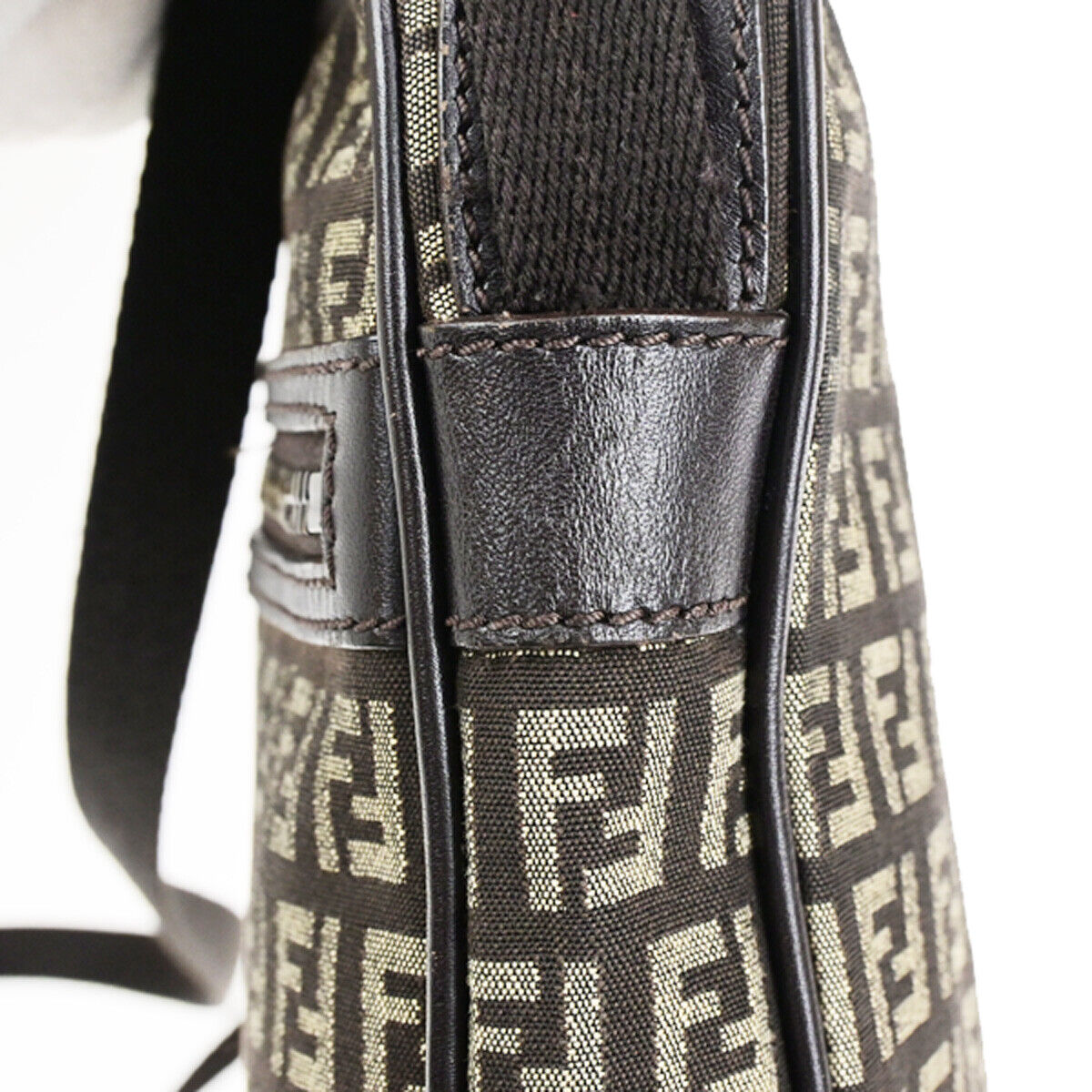 FENDI Logo Zucchino Pattern Shoulder Bag Canvas Leather Brown SHW Italy 87SJ495