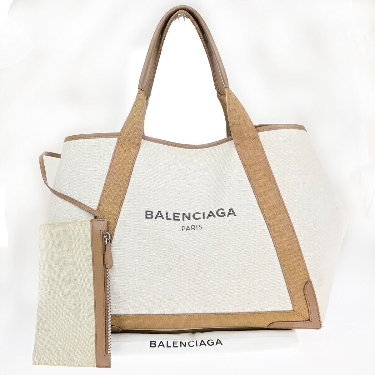 BALENCIAGA Logo Navy Cabas Shoulder Tote Bag Canvas Leather Ivory Brown 33EC031