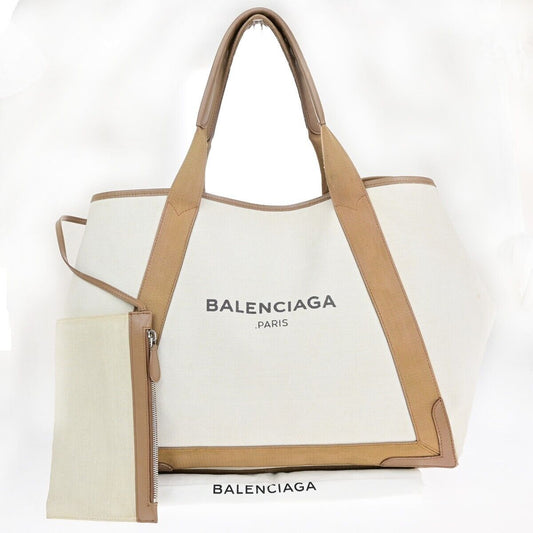 BALENCIAGA Logo Navy Cabas Shoulder Tote Bag Canvas Leather Ivory Brown 33EC031