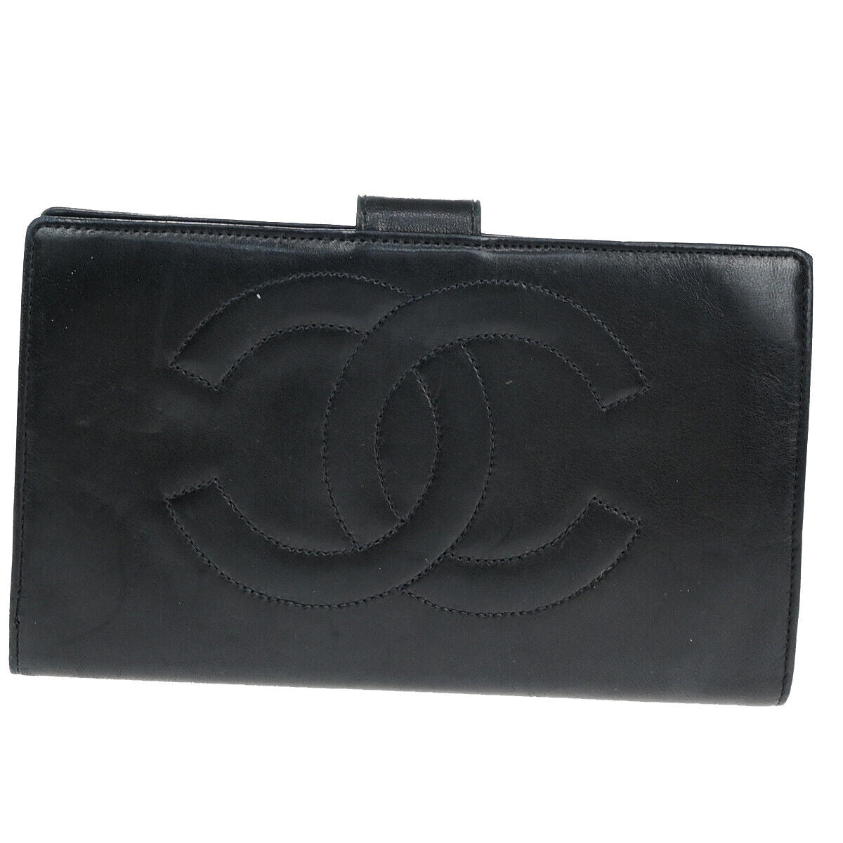 CHANEL CC Logo Long Bifold Wallet Purse Leather Black GHW Vintage 66RJ939