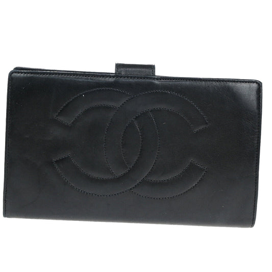 CHANEL CC Logo Long Bifold Wallet Purse Leather Black GHW Vintage 66RJ939