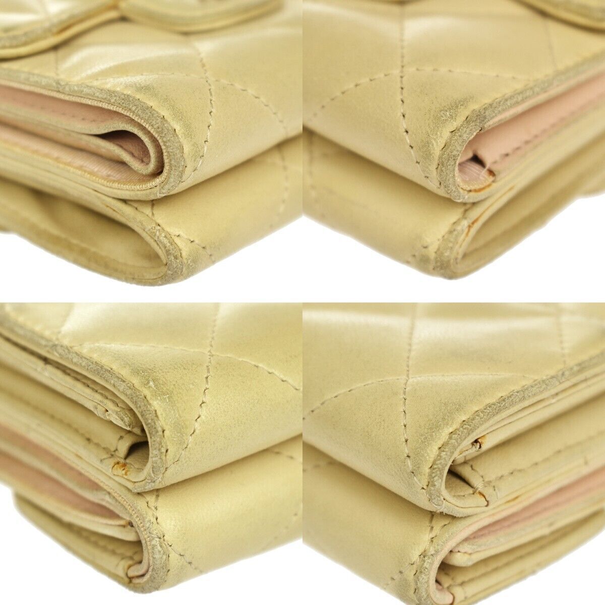 CHANEL CC Logo Matelasse Trifold Wallet Purse Leather Beige SHW France 05GA189