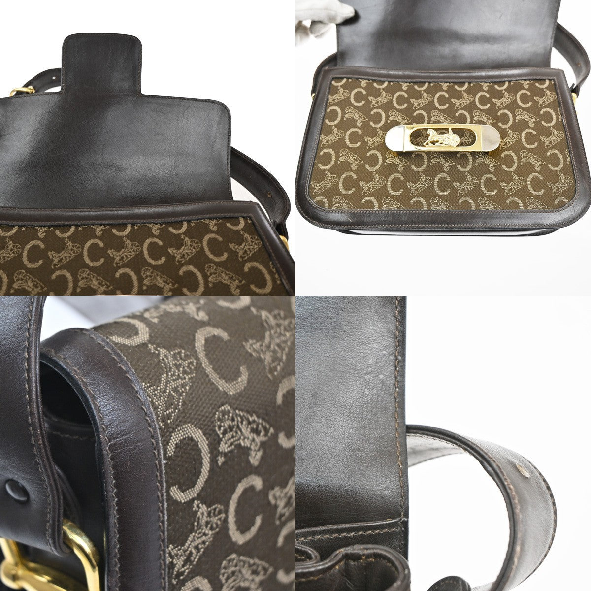 CELINE Logo C Macadam Horse Carriage Shoulder Bag Canvas Leather Brown 34KP553