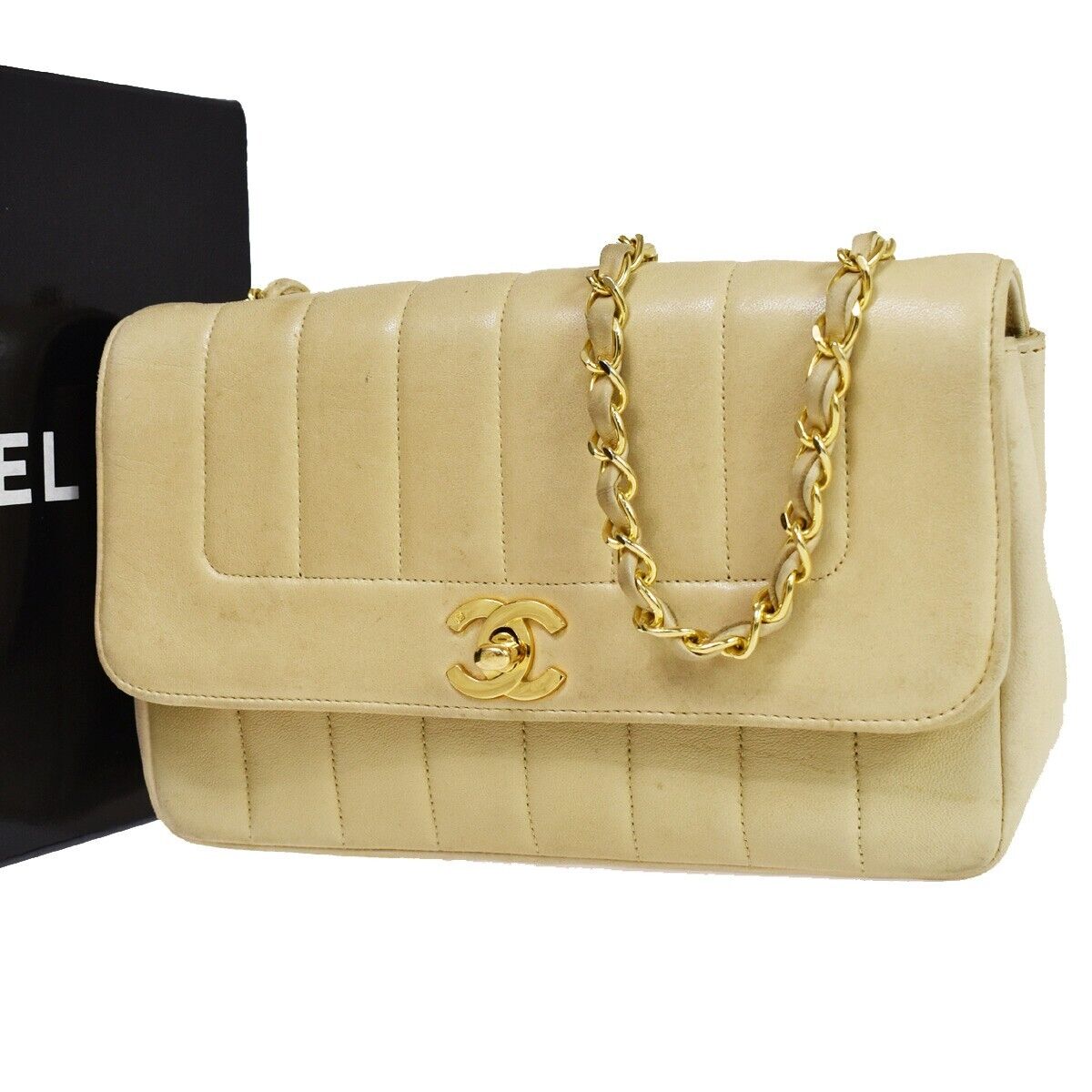 CHANEL CC Logo Mademoiselle Chain Shoulder Bag Leather Beige GHW France 648RC979