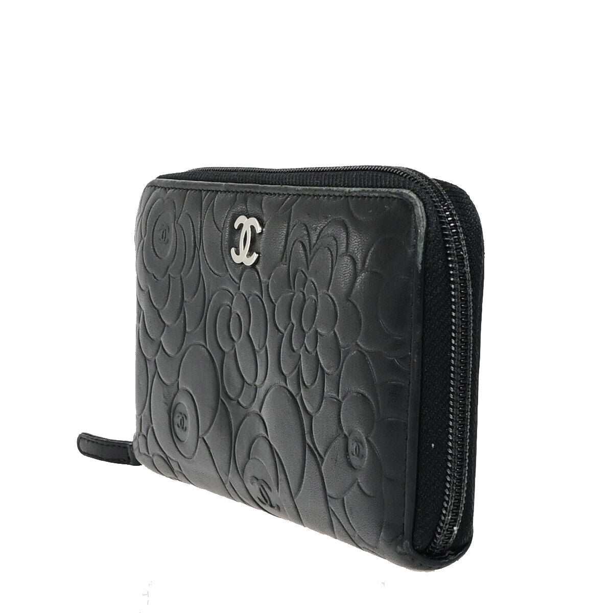 CHANEL CC Logo Camellia Pattern Zip Around Long Wallet Leather Black 30EB556