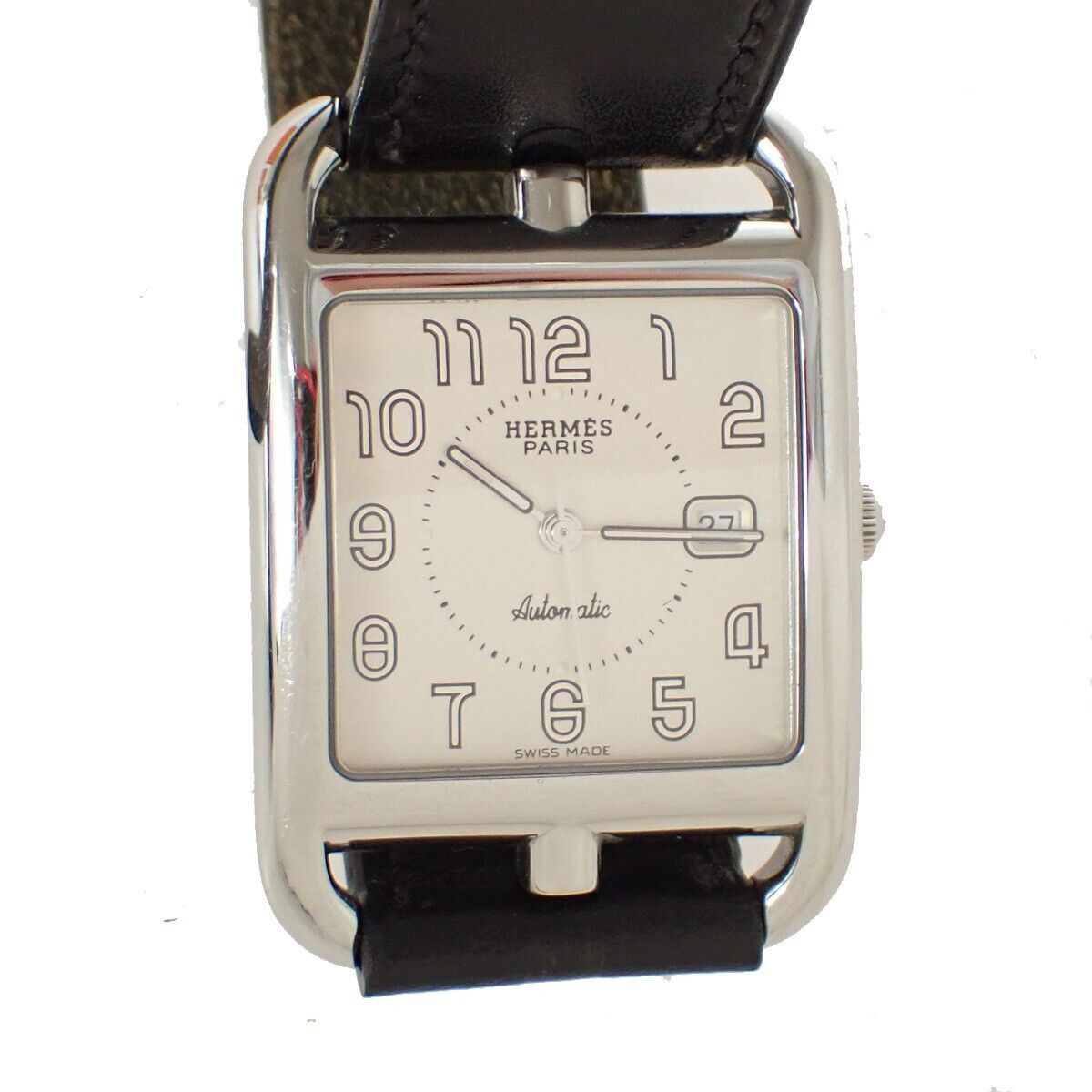 HERMES Logo Cape Cod Double Tour Wristwatch Leather ▢D Black Silver 660LC513