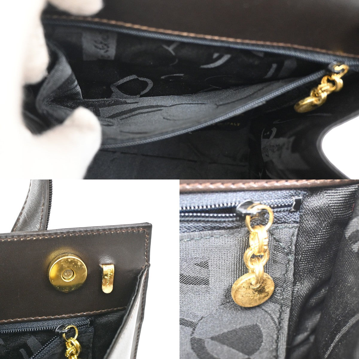 SALVATORE FERRAGAMO Vara 2Way Hand Bag Canvas Leather Brown Gold Italy 64TA067