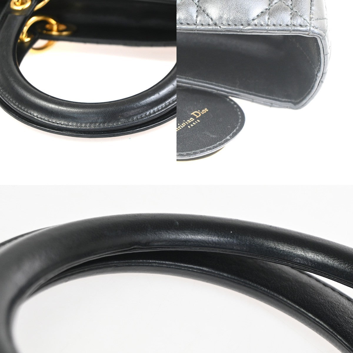 CHRISTIAN DIOR Lady Cannage Hand Tote Bag Leather Black Gold Italy 653RL740