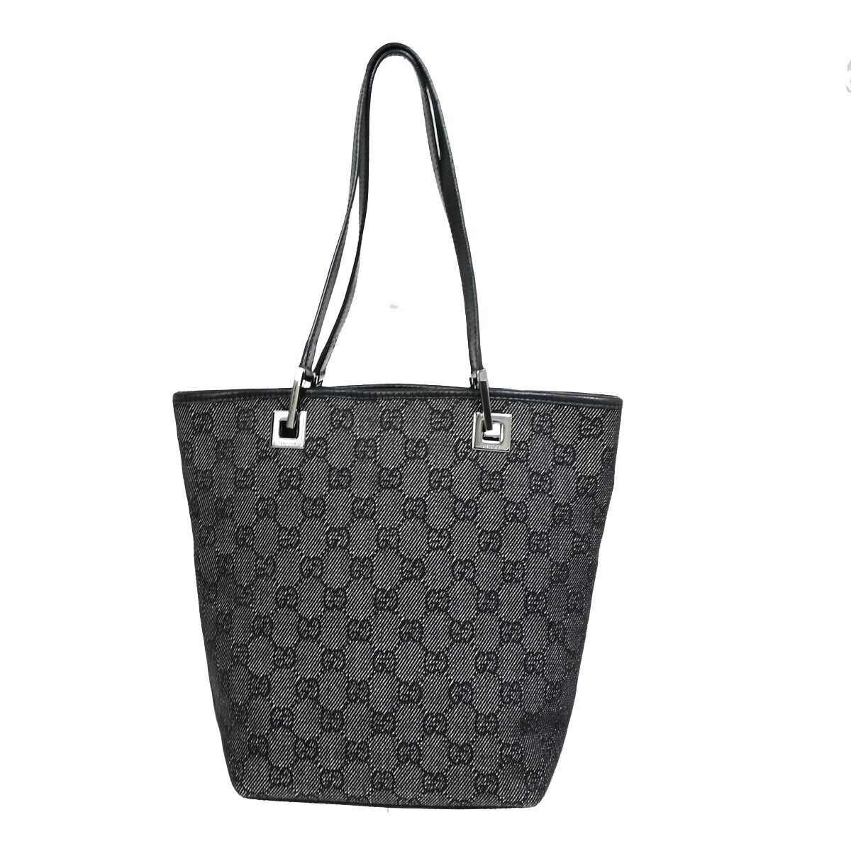 GUCCI GG Pattern Hand Tote Bag Canvas Leather Black Silver Italy 30EB786