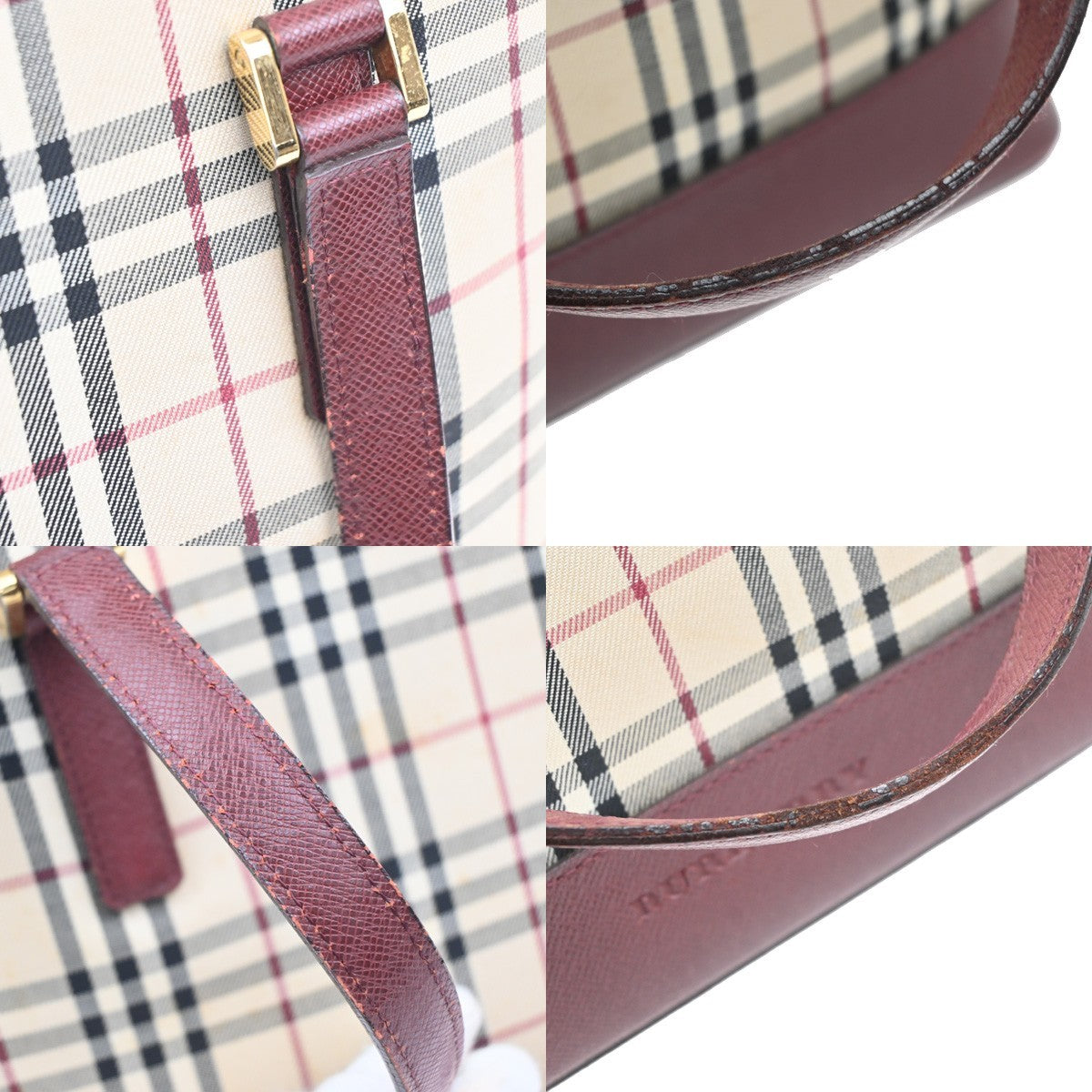 BURBERRY Nova Check Shoulder Hand Tote Bag Canvas Leather Beige Red GHW 32RL977
