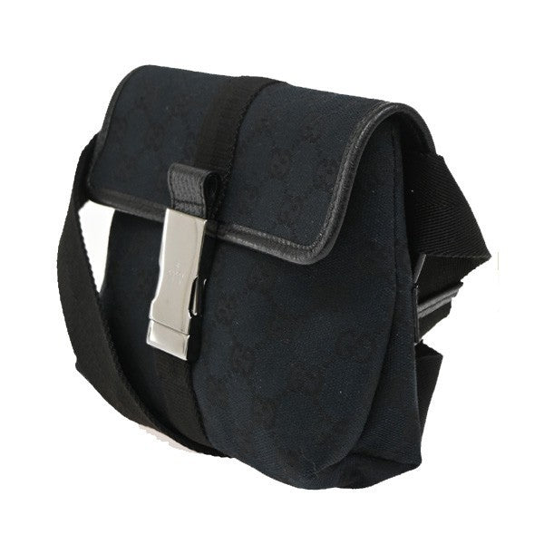 GUCCI Logo GG Pattern Mini Waist Belt Bag Canvas Leather Black SHW Italy 76DA248