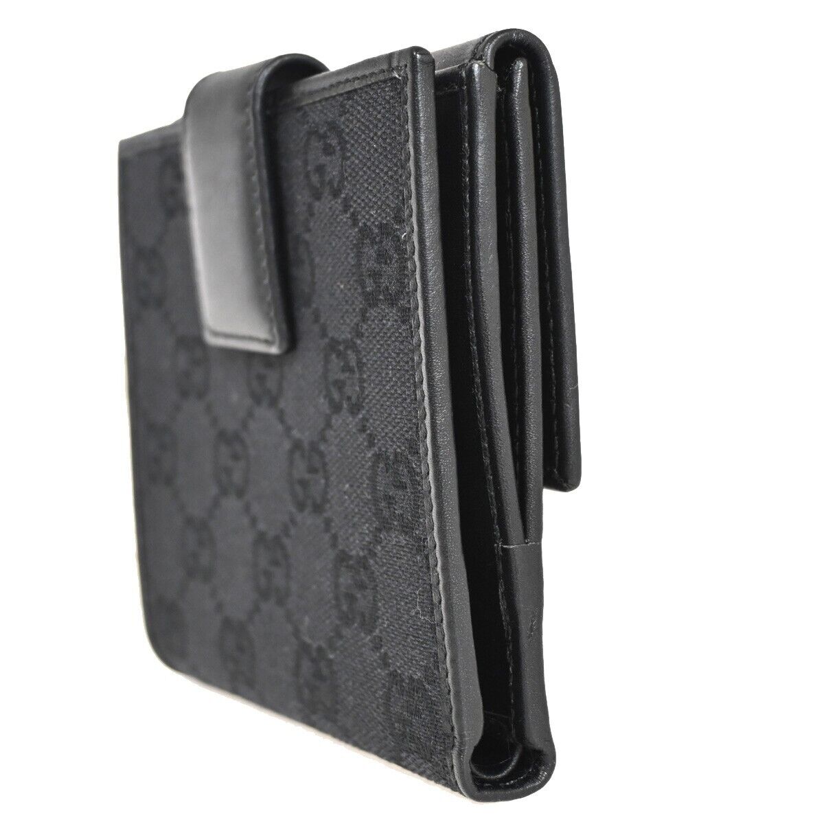 GUCCI Logo GG Pattern Bifold Wallet Canvas Leather Black SHW Italy 35YD865