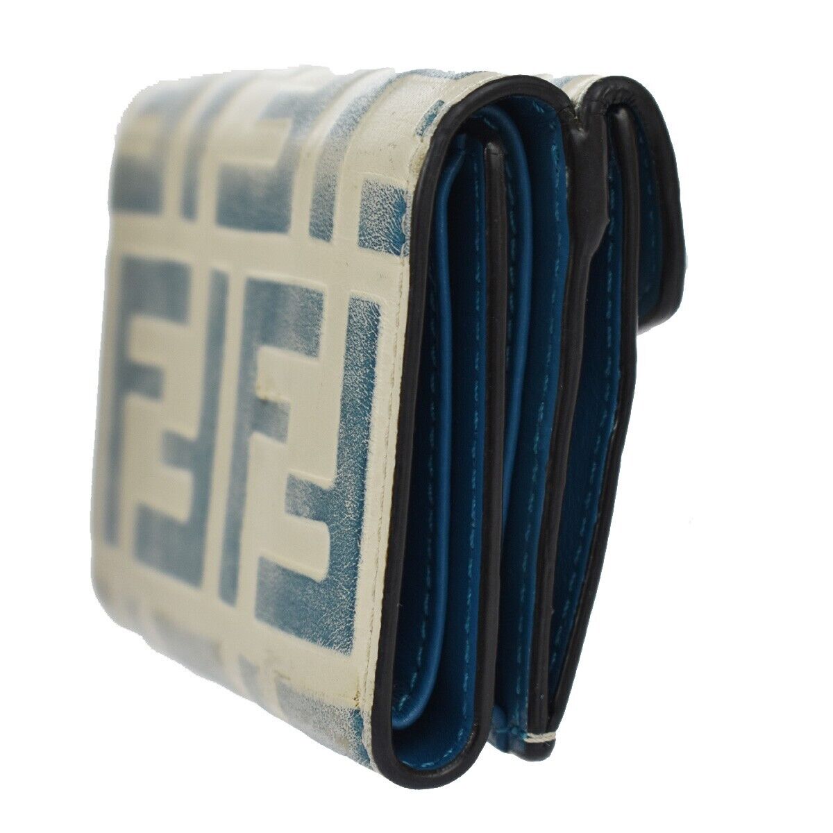 FENDI Zucca Pattern Mini Trifold Wallet Purse Leather Blue White Italy 61YD091