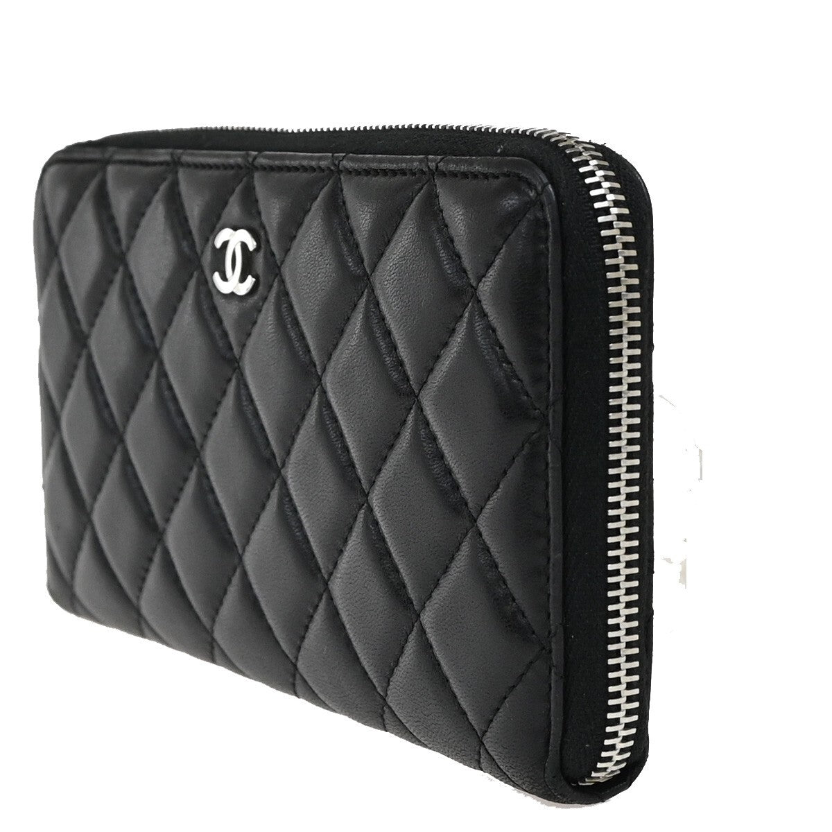 CHANEL CC Logo Matelasse Zip Around Long Wallet Leather Black Silver 10RF286