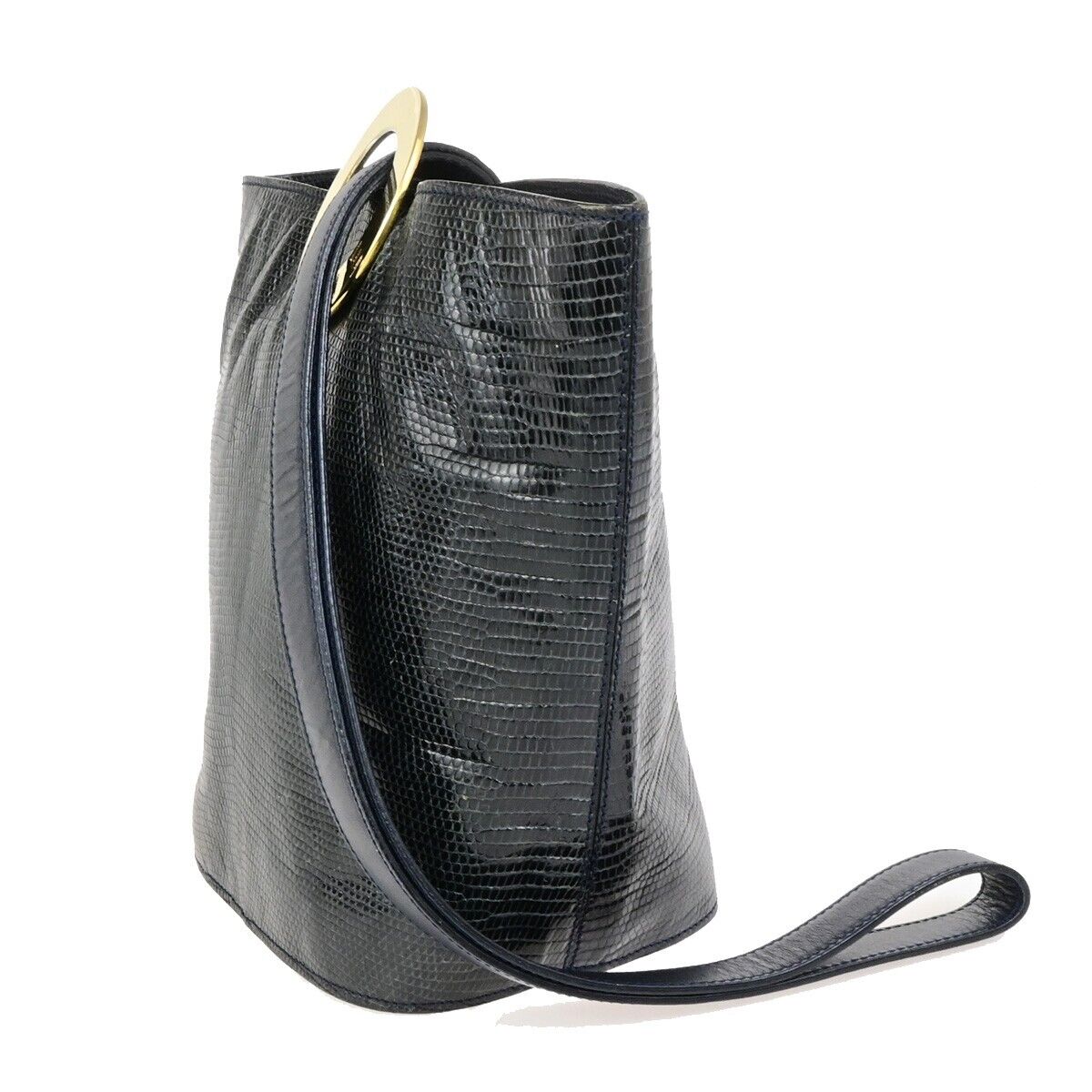 CELINE Logo Circle Shoulder Bag Exotic Leather Navy Blue GHW Italy 82KA435