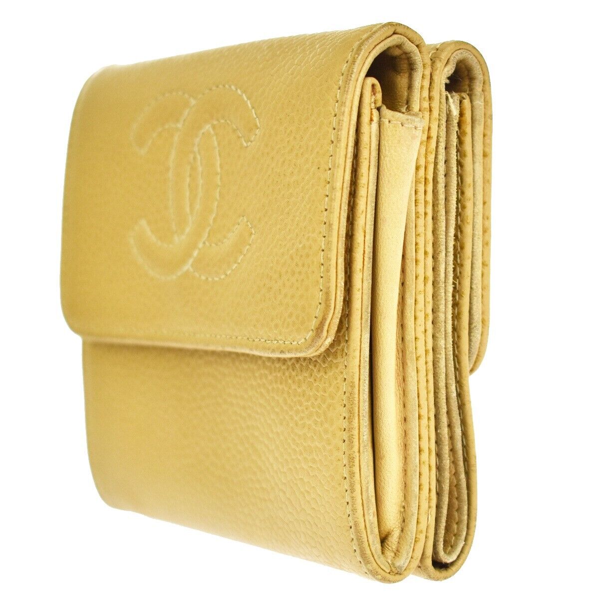 CHANEL CC Logo Bifold Wallet Purse Caviar Skin Leather Beige France 68sh439