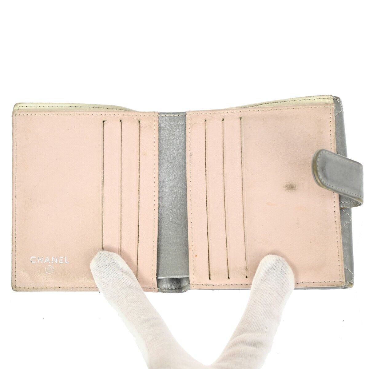 CHANEL CC Logo Matelasse Bifold Wallet Purse Leather Silver SHW Italy  04HB384