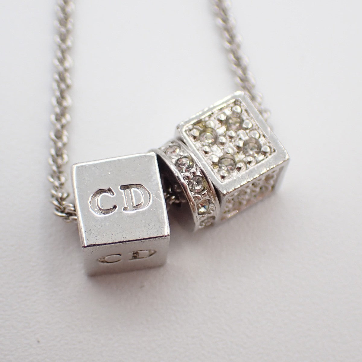 CHRISTIAN DIOR D Logo Dice Charm Necklace Rhinestone Silver Accessory 02KB500