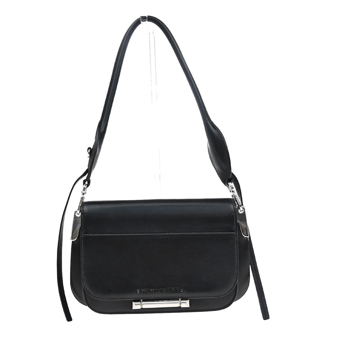 PRADA Logo Shoulder Hand Bag Leather Black SHW Italy 74RF249