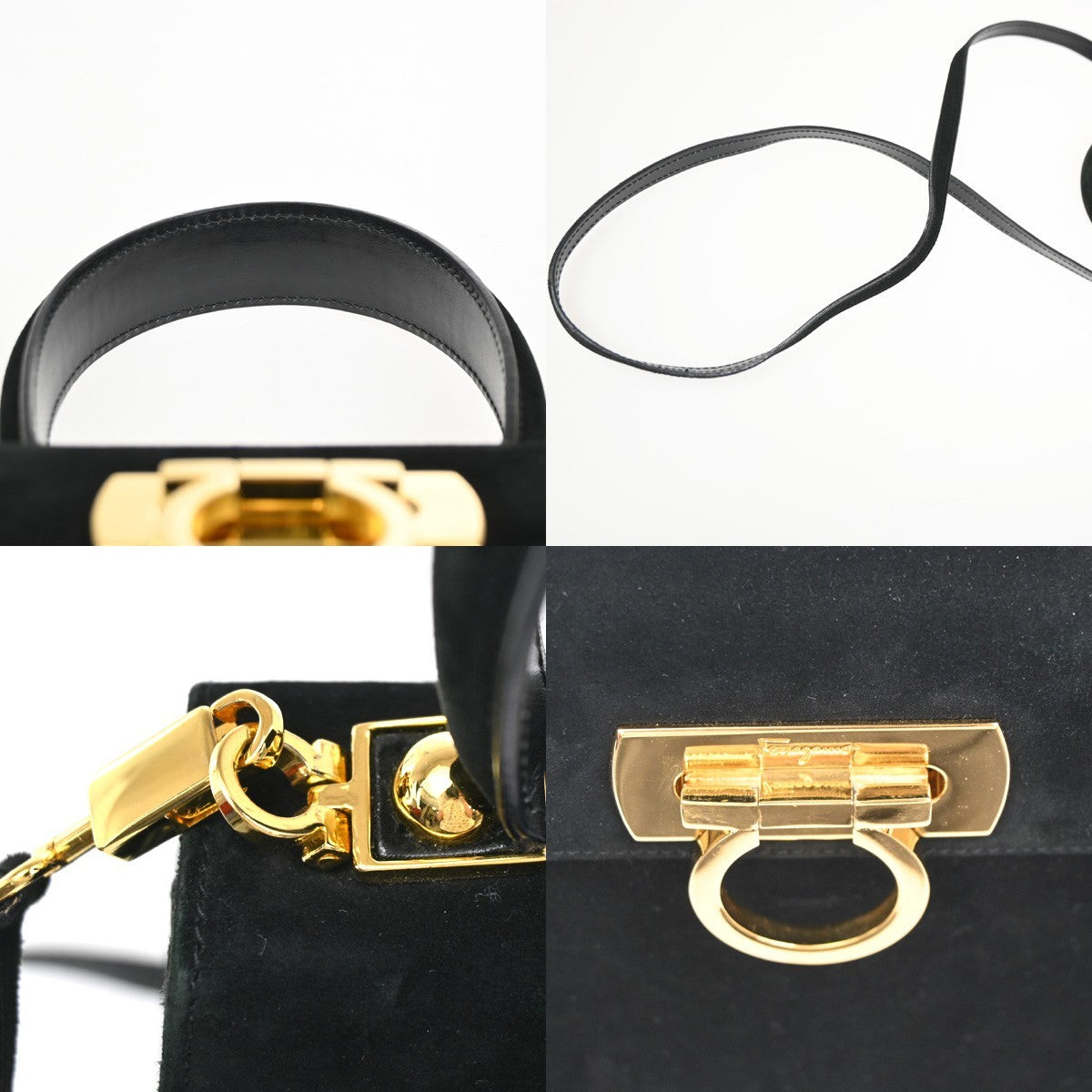 SALVATORE FERRAGAMO Gancini 2Way Shoulder Bag Suede Leather Black GHW 83ZA213