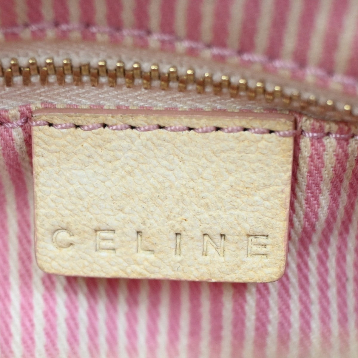 CELINE Logo C Macadam Shoulder Bag Canvas Leather Beige Pink GHW 63ZA180