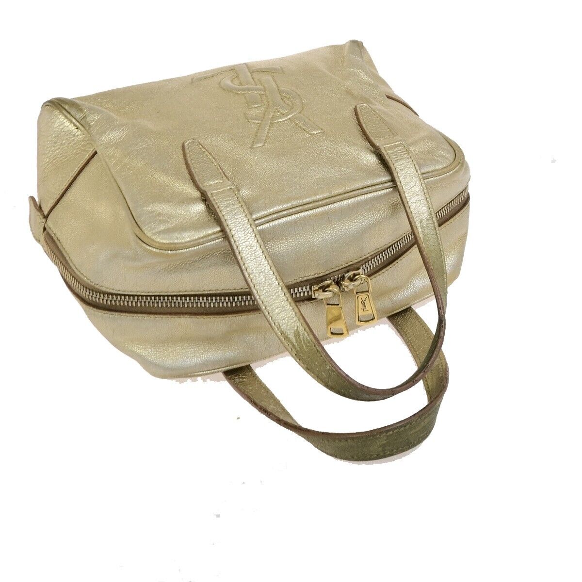 YVES SAINT LAURENT YSL Logo Small Hand Bag Leather Gold Italy 05FB447