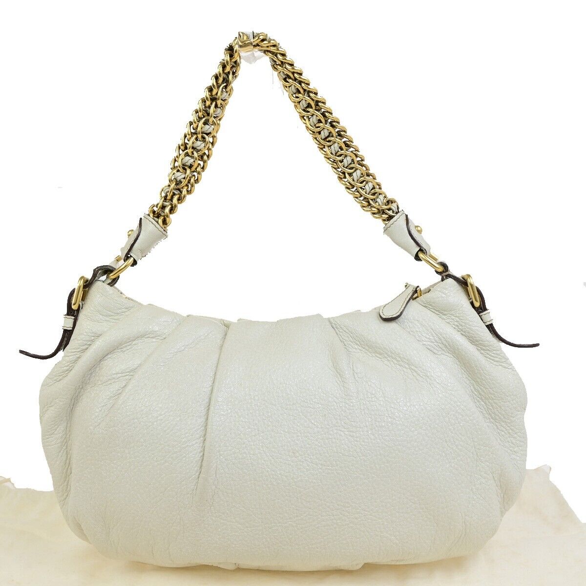 PRADA Logo Cervo Lux Chain Shoulder Hobo Bag Leather White GHW 84FB371