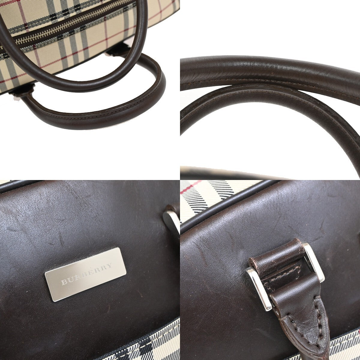 BURBERRY Logo Nova Check Boston Hand Bag Canvas Leather Beige Brown 30FB778