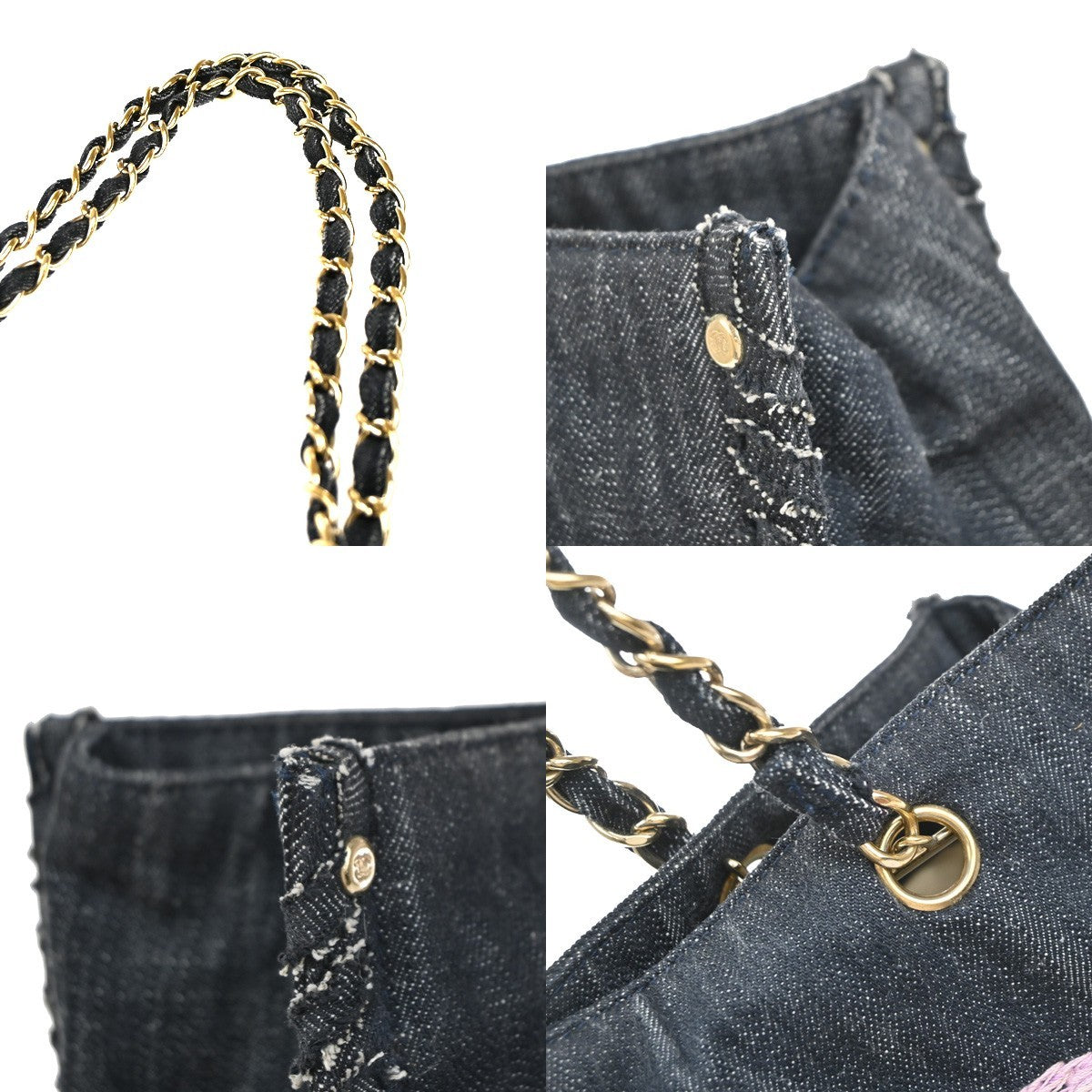 CHANEL CC Denim Night Flight Chain Shoulder Tote Bag Canvas Leather BE 110RP173