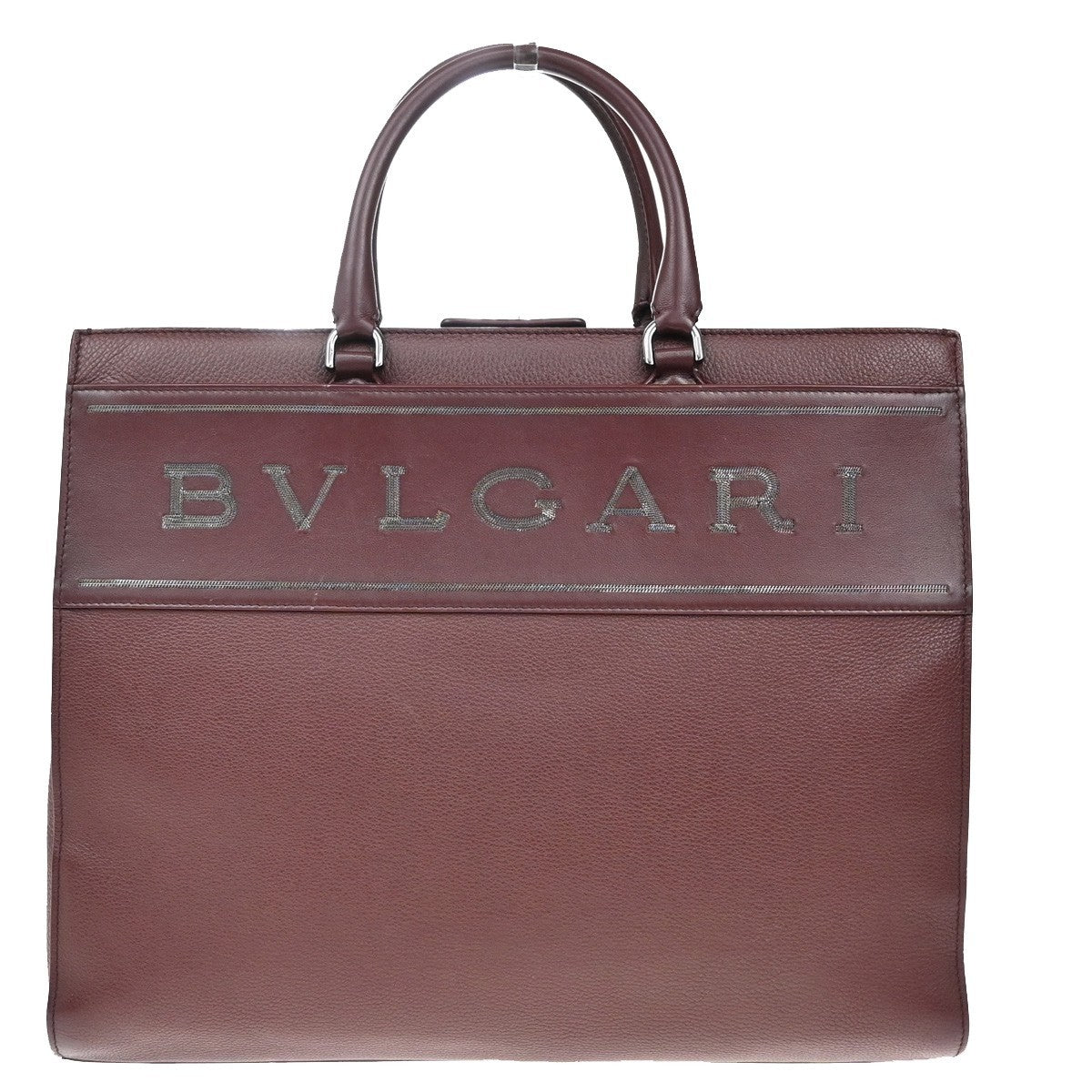 BVLGARI Logo Tote Hand Bag Leather Red Burgundy SHW Italy 98KB533