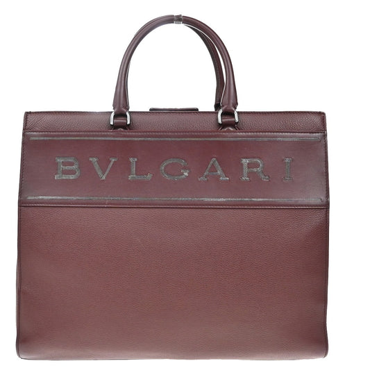 BVLGARI Logo Tote Hand Bag Leather Red Burgundy SHW Italy 98KB533