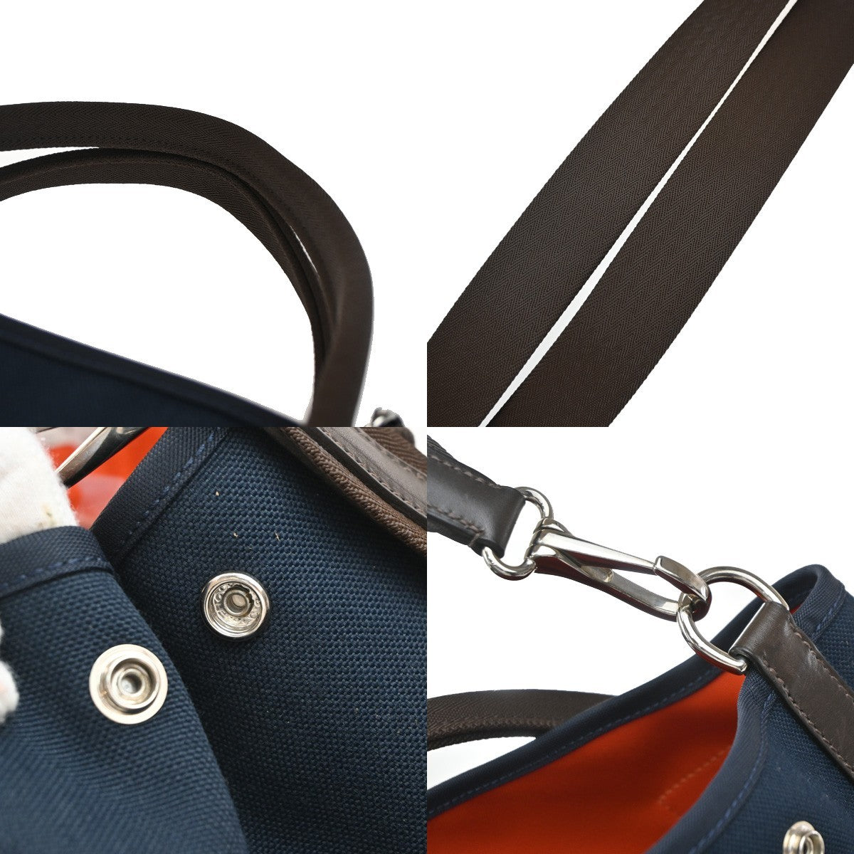 HERMES Logo Grooming 2Way Shoulder Hand Bag Canvas Leather Blue Orange 332LC612