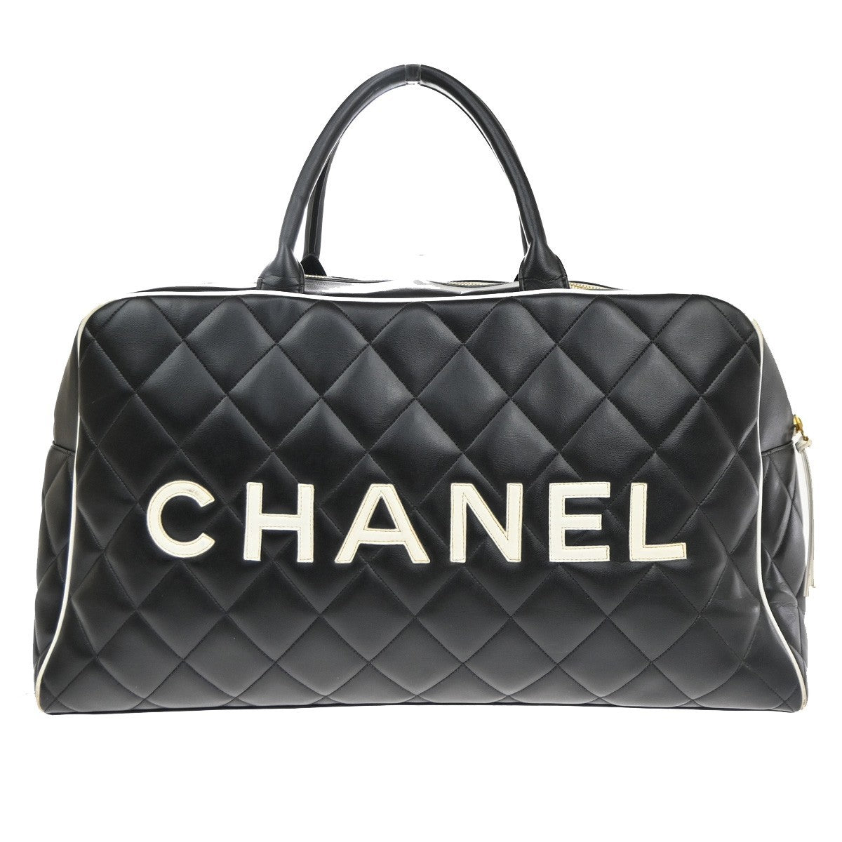 CHANEL Matelasse Travel Boston Hand Bag Leather Black France Vintage 332RP182