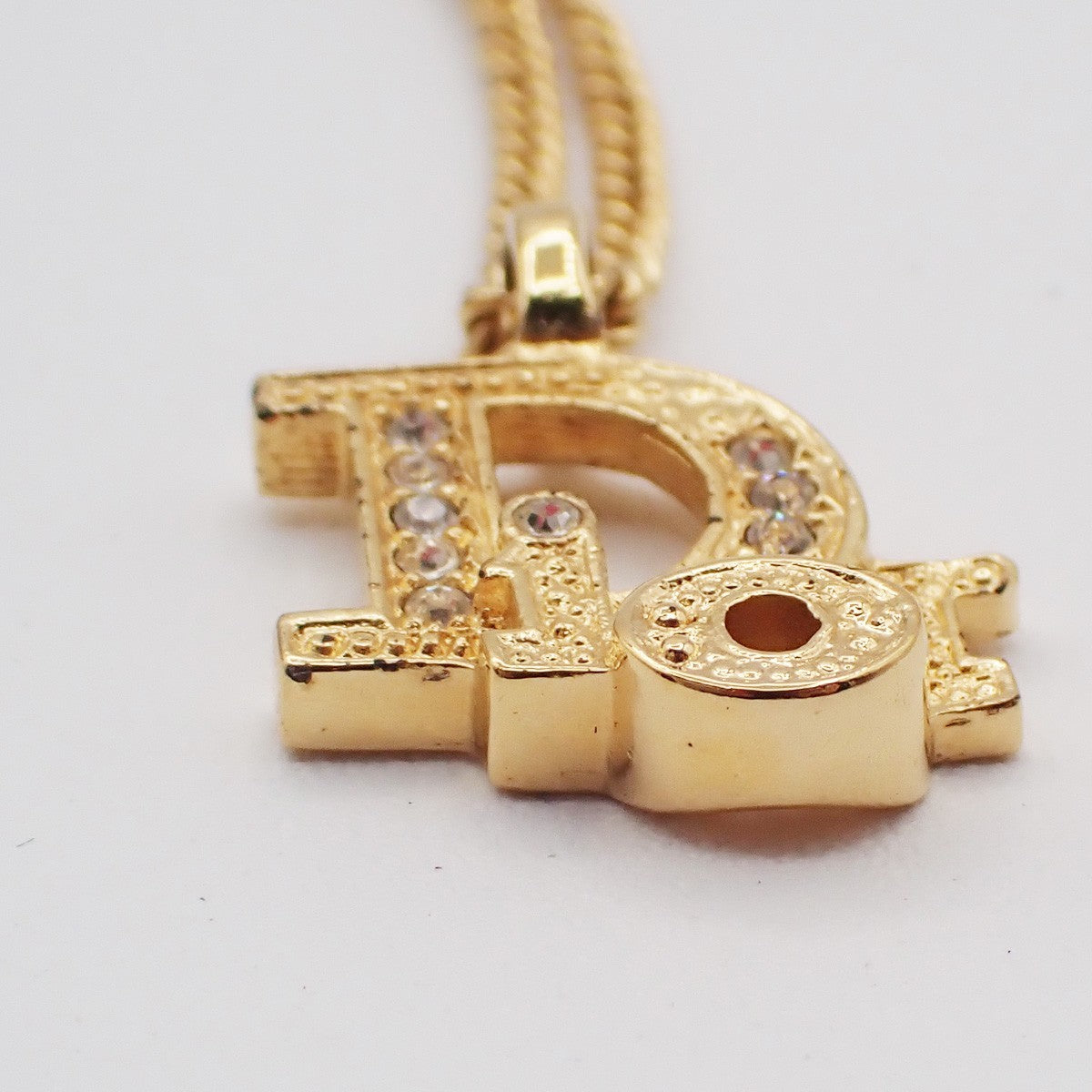 CHRISTIAN DIOR Logo Rhinestone Chain Necklace Pendant Gold Plated 02YJ116