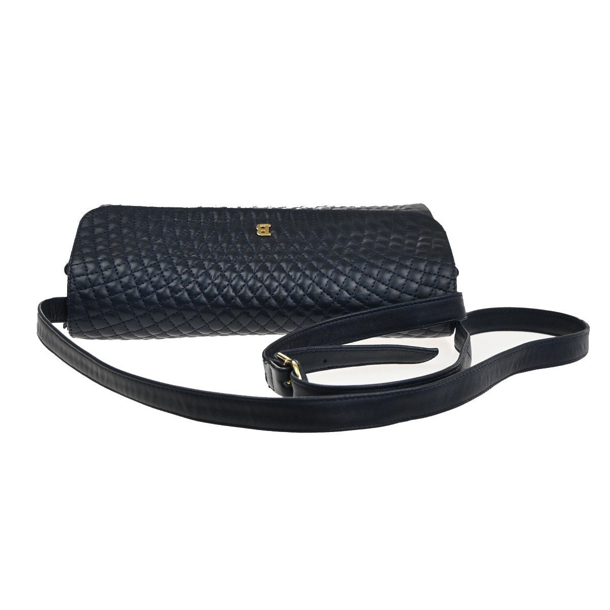 BALLY Logo Flap Shoulder Bag Quilted Leather Navy Blue GHW Italy 09MA548