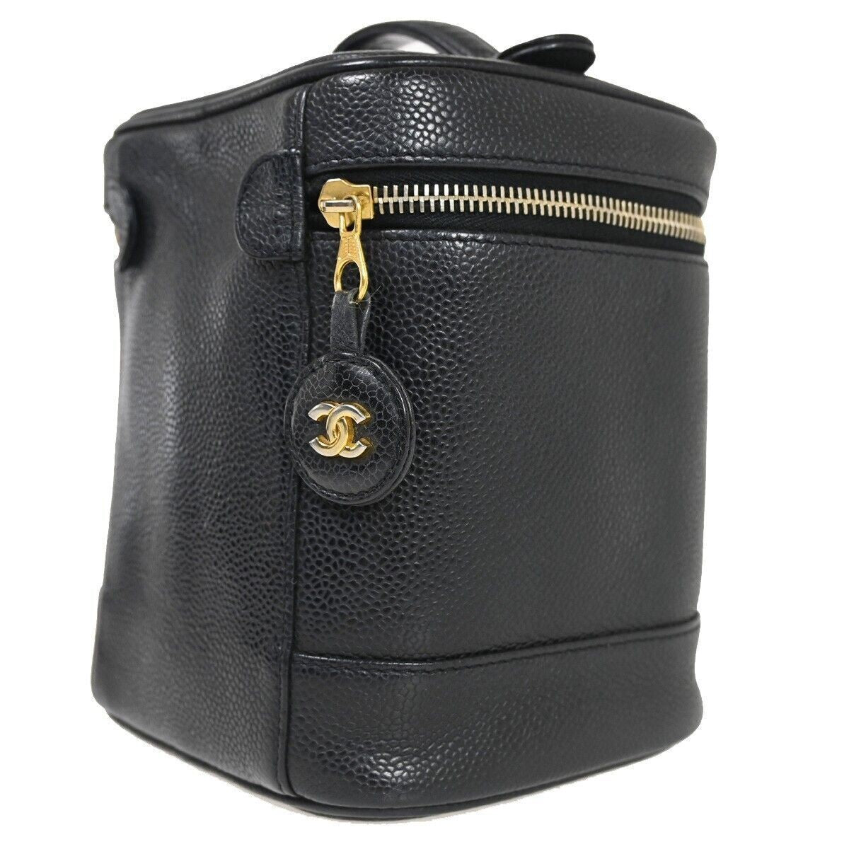 CHANEL CC Logo Cosmetic Vanity Hand Bag Grained Calfskin Leather Black 614RH061