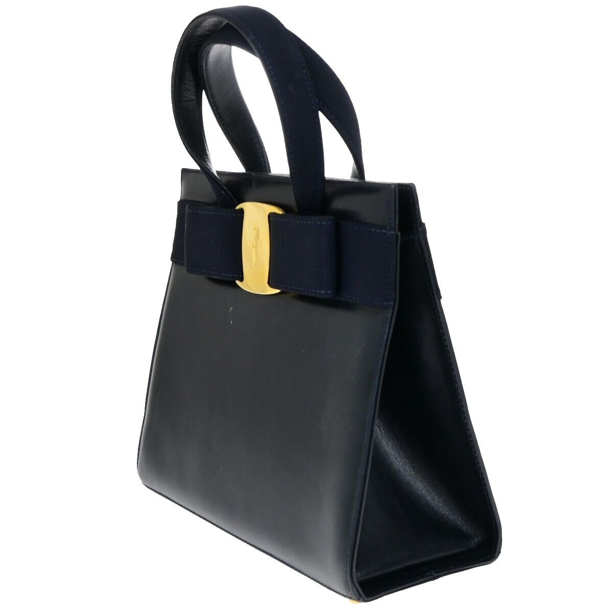 SALVATORE FERRAGAMO Vara Hand Bag Canvas Leather Navy Blue GHW Italy 66EB622