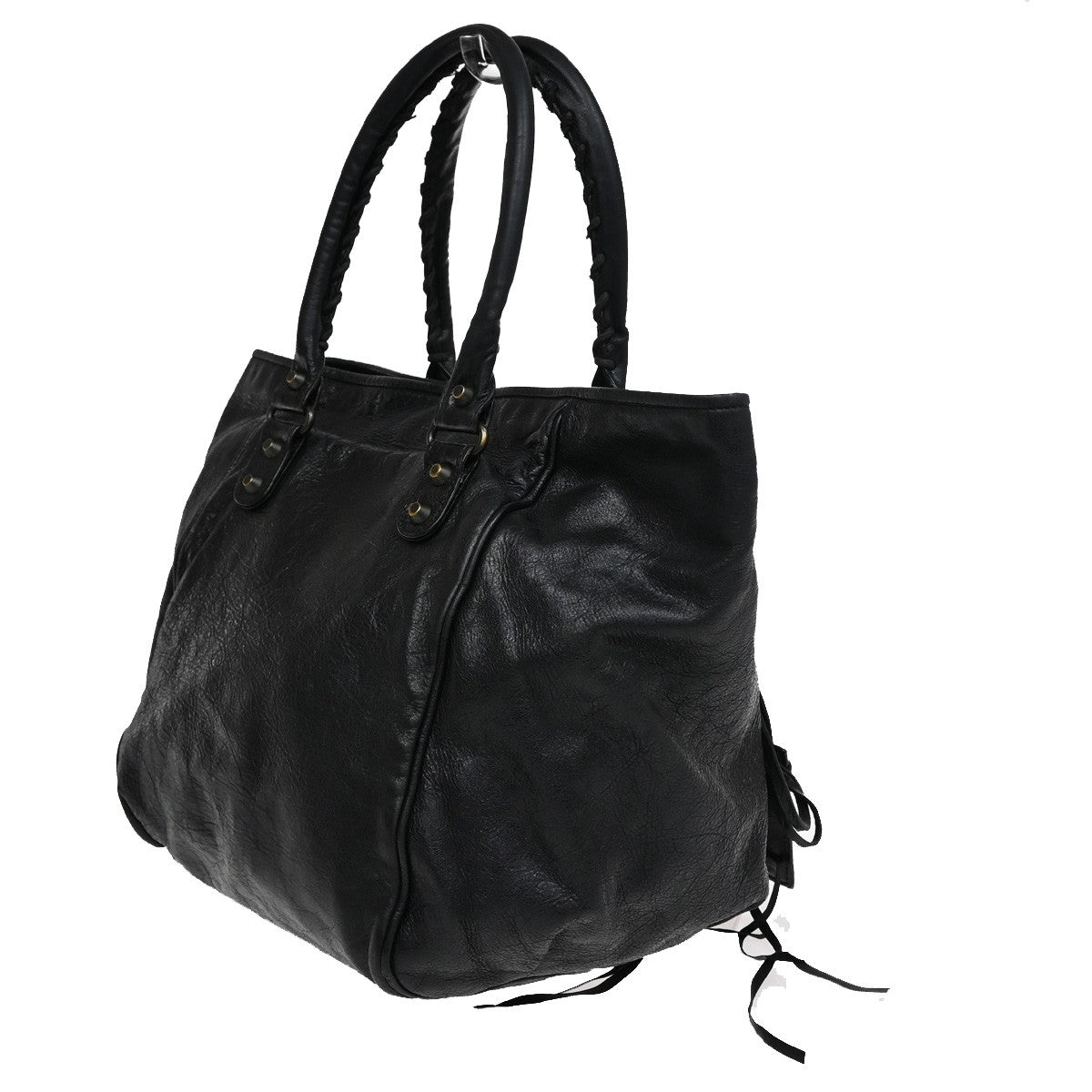 BALENCIAGA Logo The Sunday Shoulder Tote Hand Bag Leather Black Mirror 70YH628