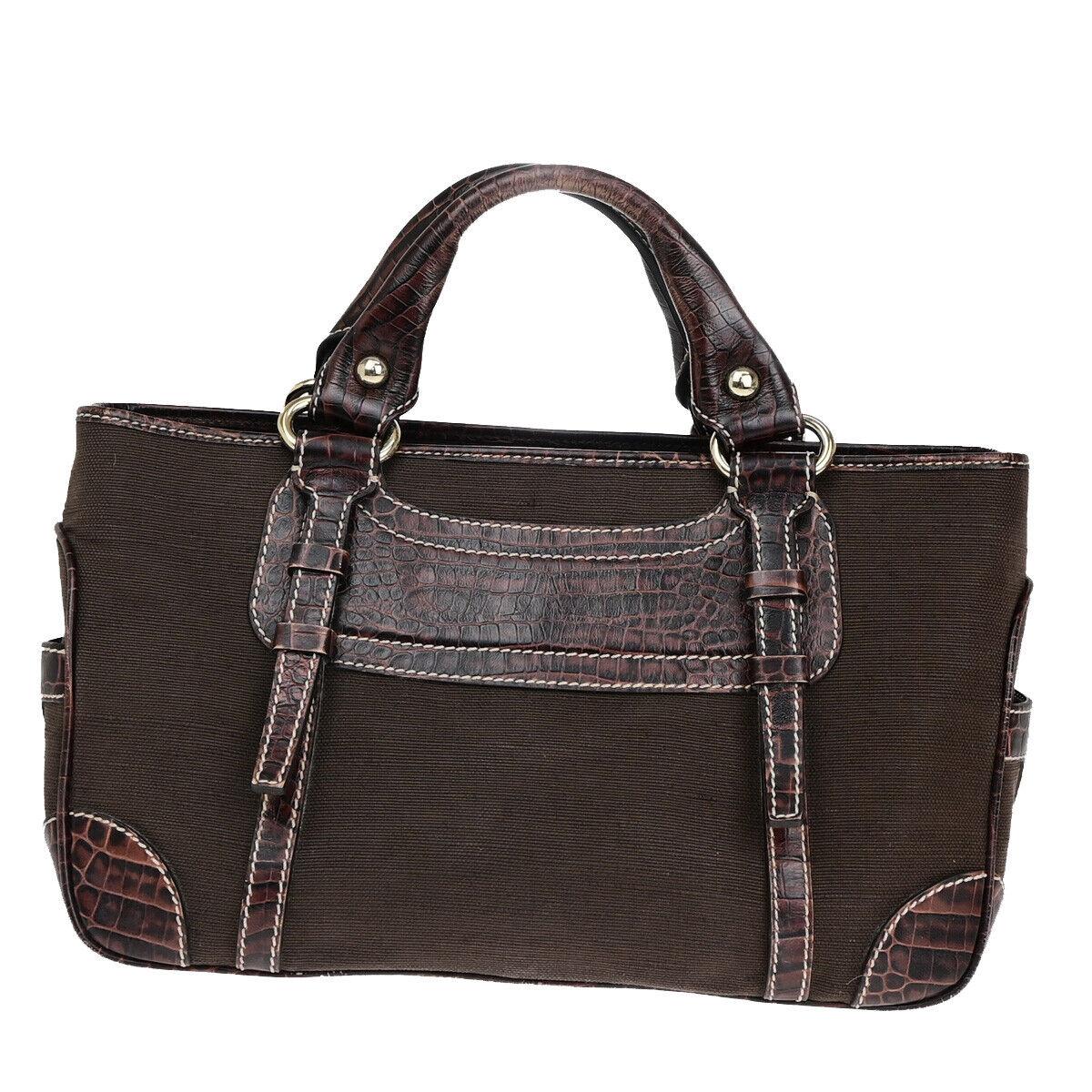 CELINE Boogie Macadam Charm Hand Tote Bag Canvas Embossing Leather Brown 69YF305