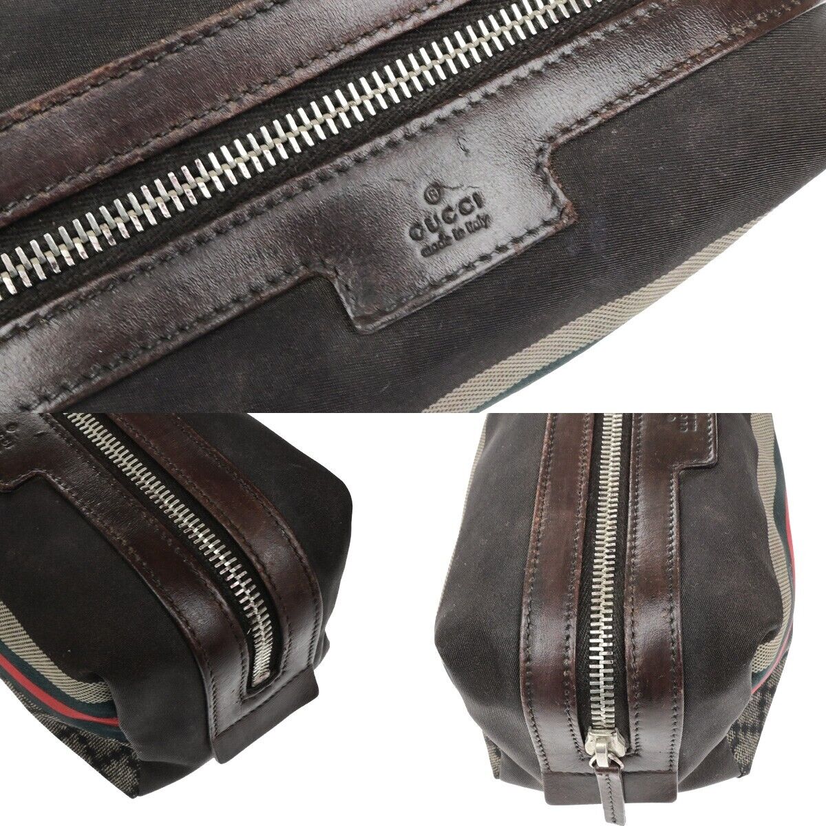 GUCCI Logo Diamante Sherry Pouch Bag Nylon Leather Brown SHW Italy 08ED673