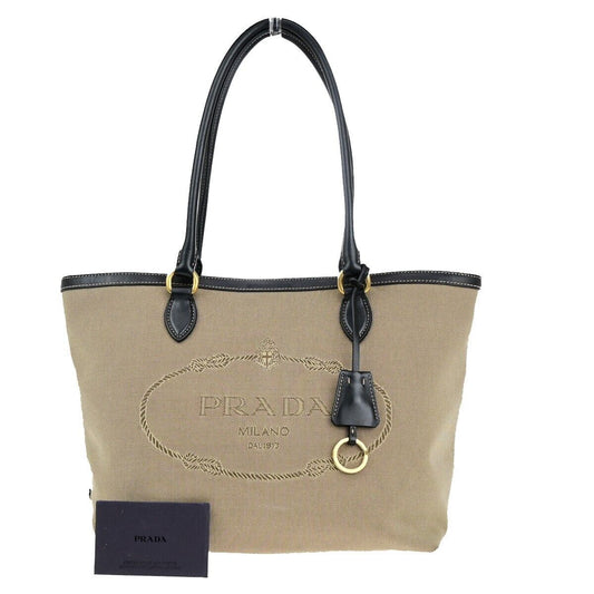 PRADA MILANO Logo Jacquard Shoulder Bag Canvas Leather Brown Black GHW 75EC720