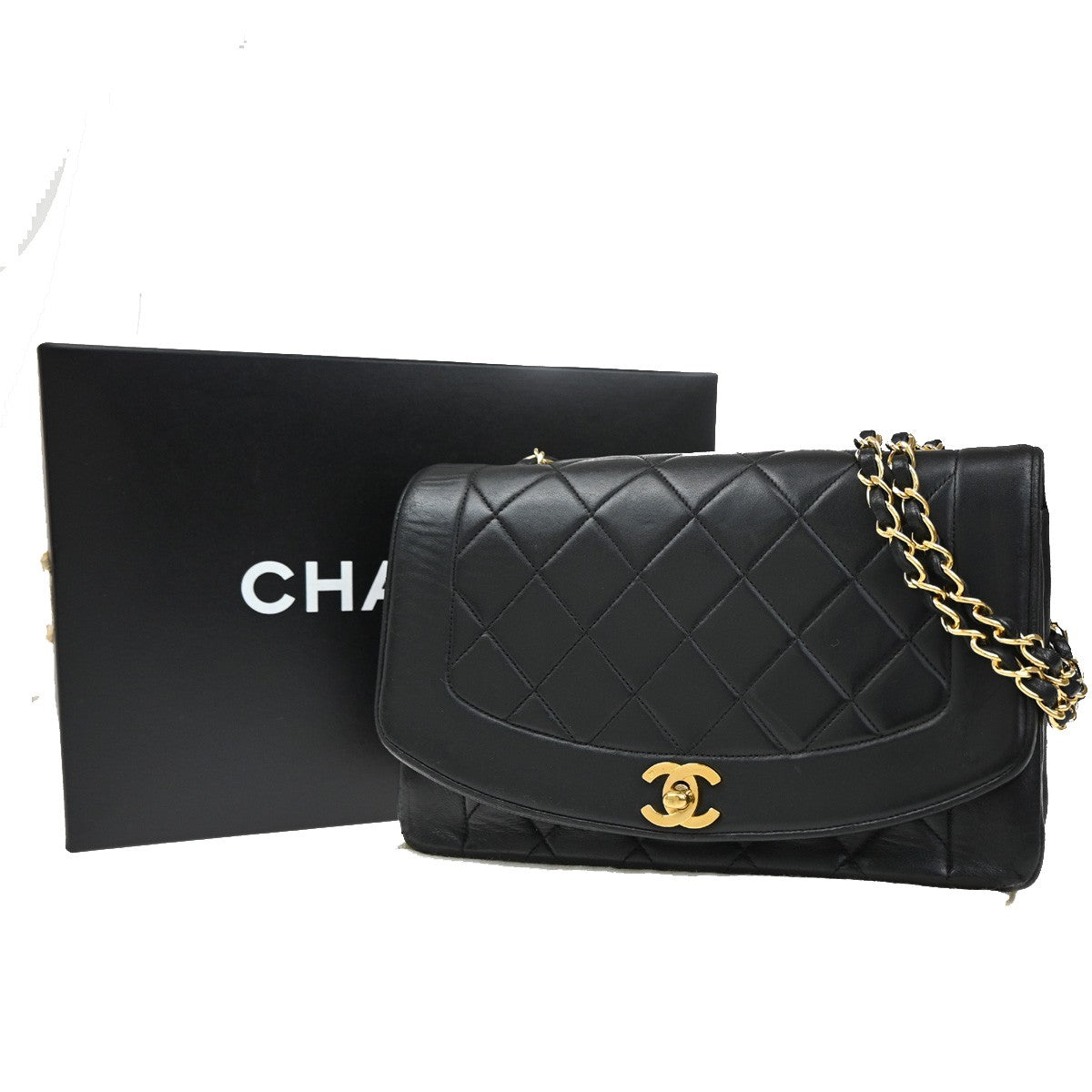 CHANEL CC Logo Diana Matelasse 25 Chain Shoulder Bag Leather Black GHW 373RL388