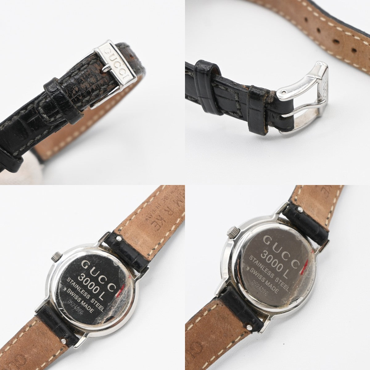 GUCCI 3000L Watch Quartz 25 mm Stainless Steel Embossing Leather Black 05LC590