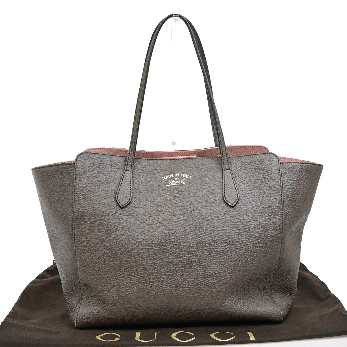 GUCCI Logo Swing Shoulder Tote Bag Leather Gray Pink GHW Italy 80EE613