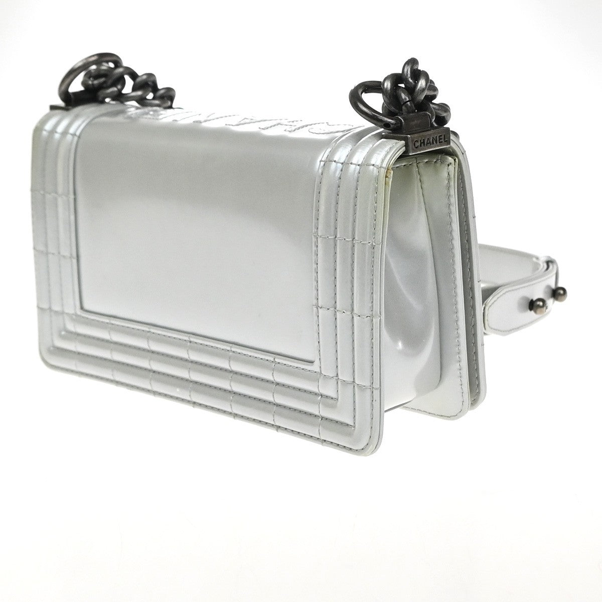 CHANEL Boy CC Chain Shoulder Bag Leather Silver SHW Italy 627RP168
