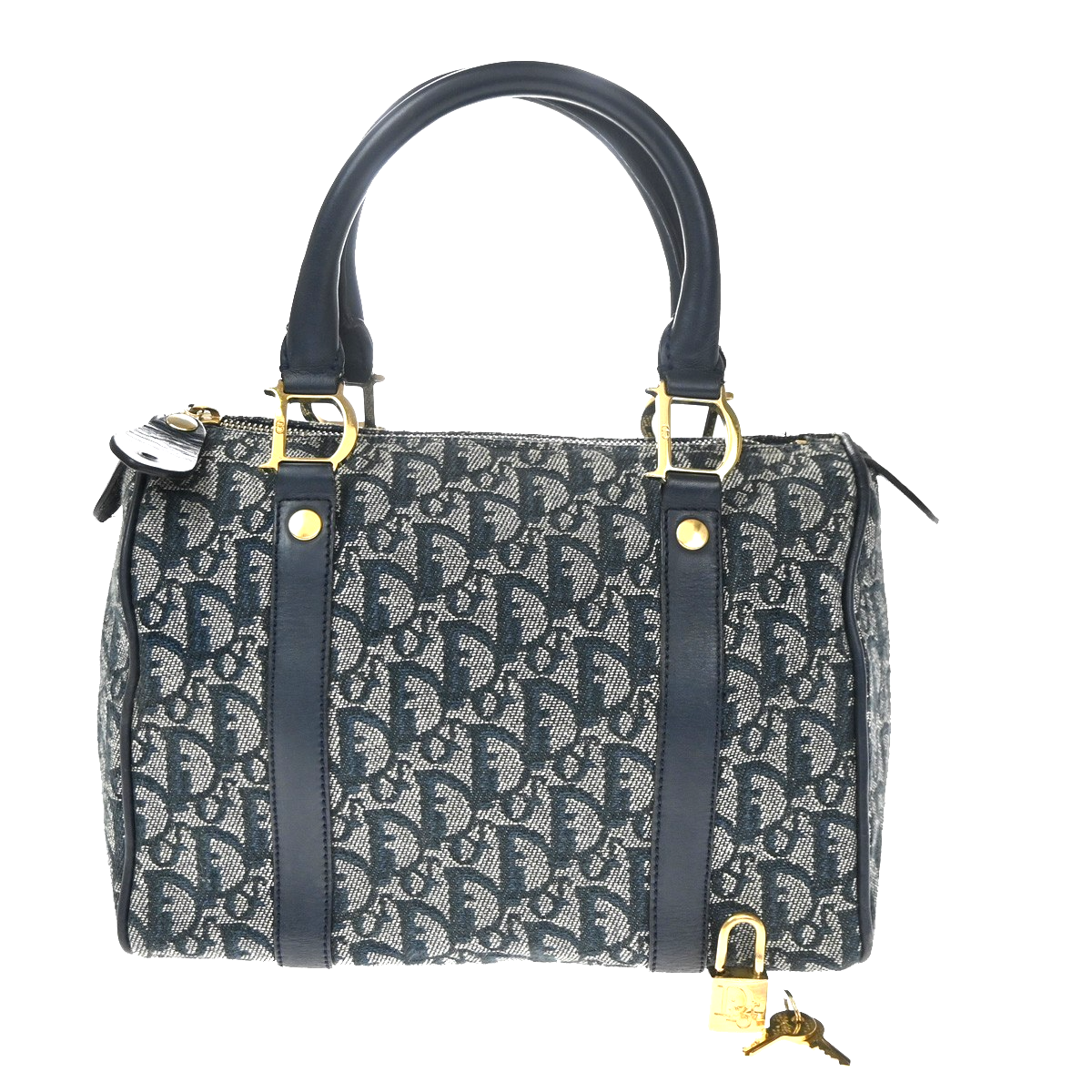 CHRISTIAN DIOR Logo Trotter Pattern Hand Bag Canvas Leather Navy Blue 93YH969