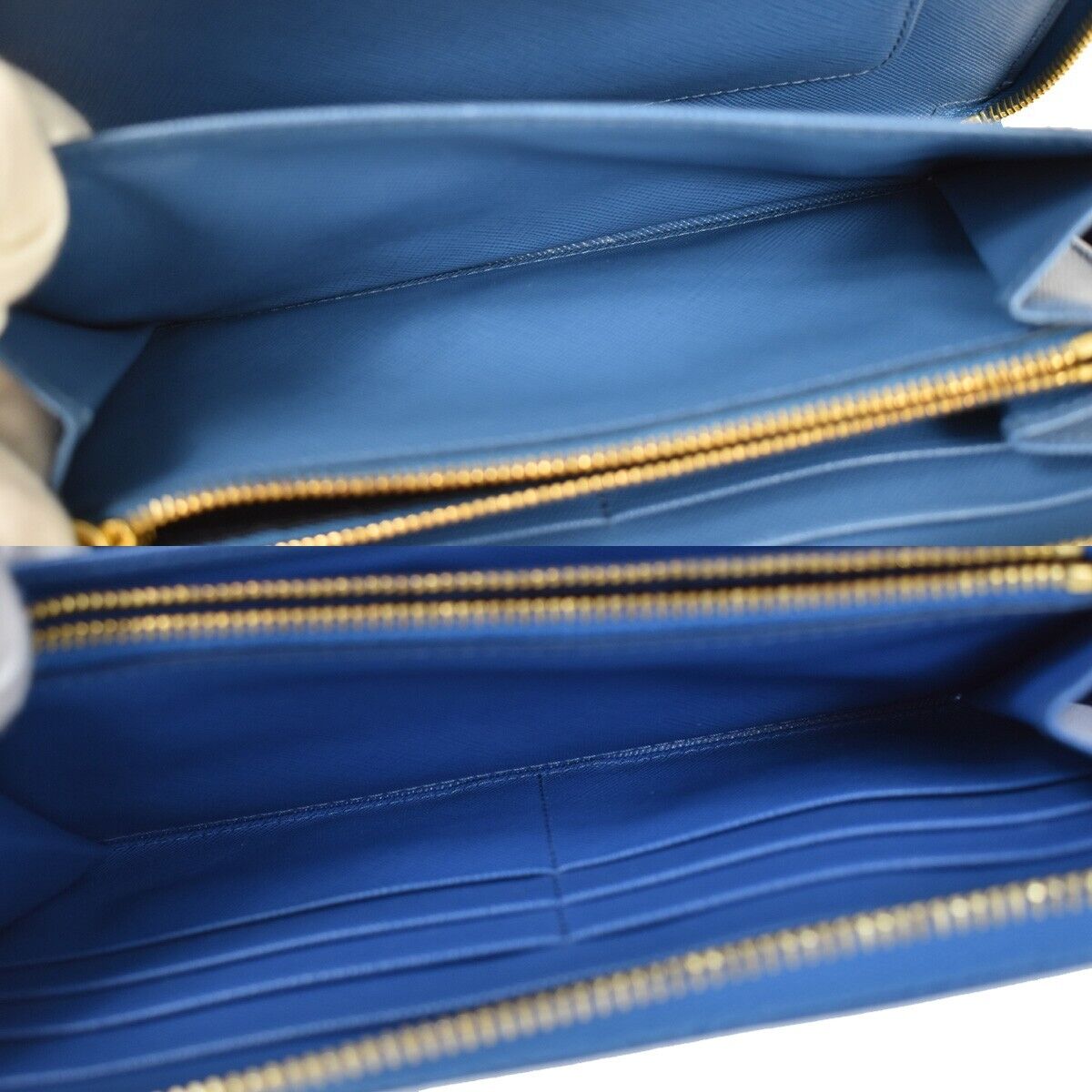 PRADA Logo Long Bifold Organizer Wallet Purse Saffiano Leather Blue Gold 89RH569